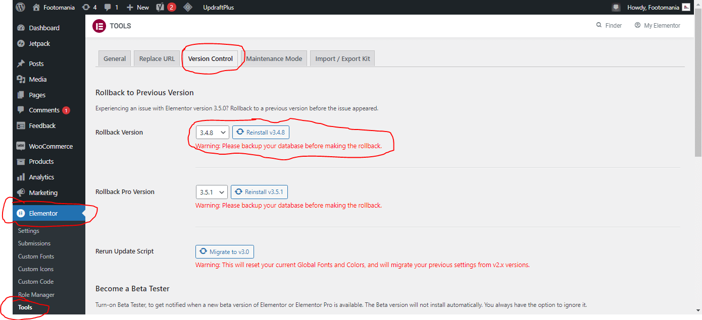 Elementor Version Control
